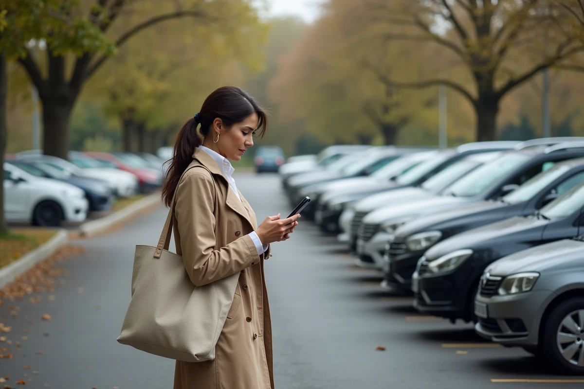Femme devant un parking de covoiturage saturé consultant son téléphone pour trouver une alternative