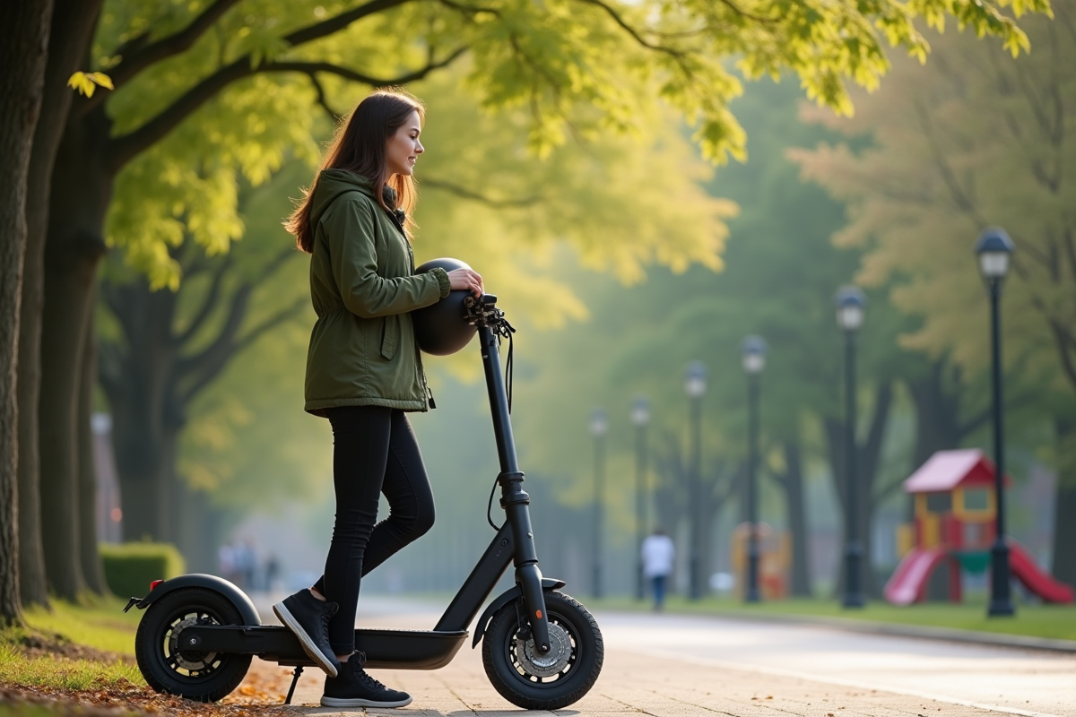 Jeune femme avec scooter dans parc suburbain
