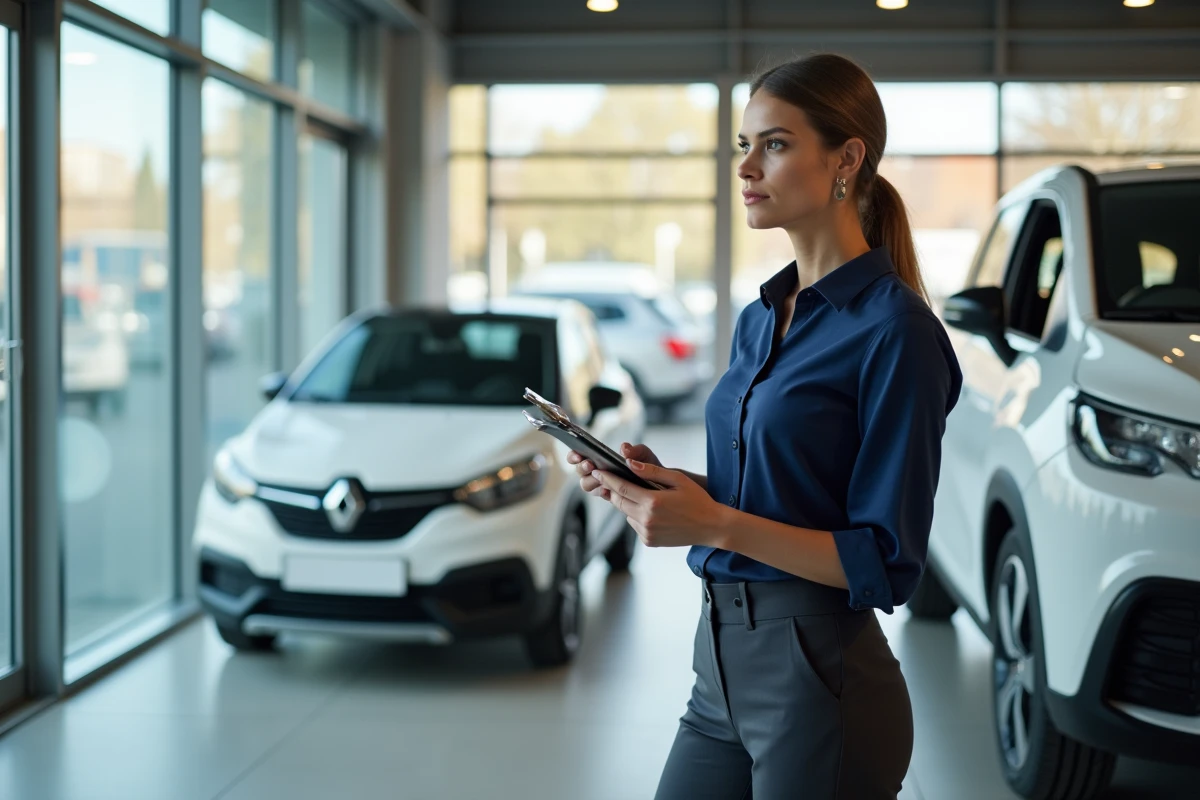 Femme consultant une plaque d'immatriculation dans une concession automobile pour déterminer l'âge d'un véhicule d'occasion