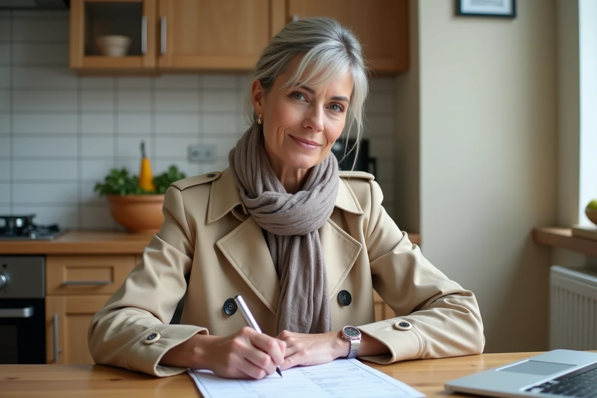 Femme en trench coat préparant un test de conduite à la maison