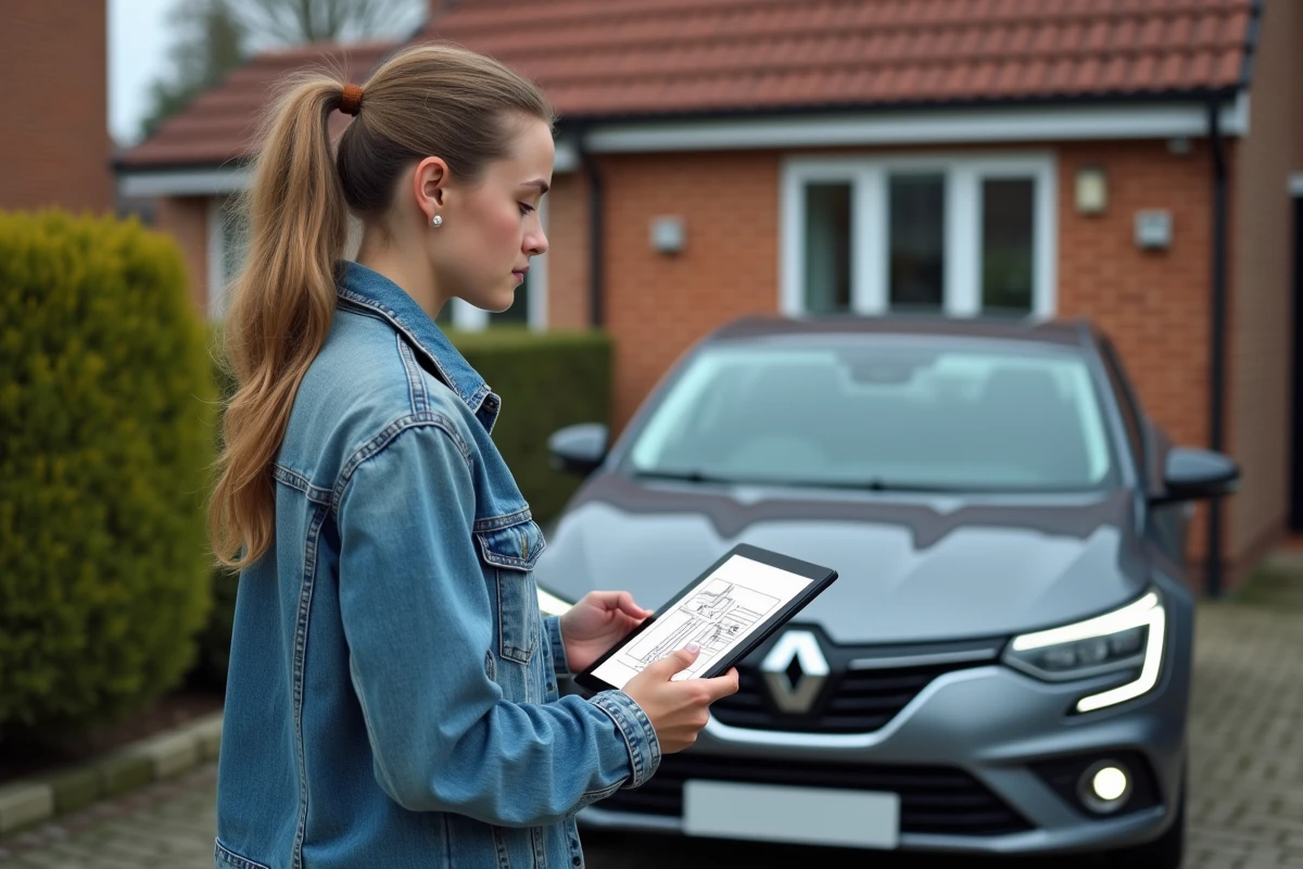 Jeune femme regardant un schéma électrique sur sa tablette à côté d