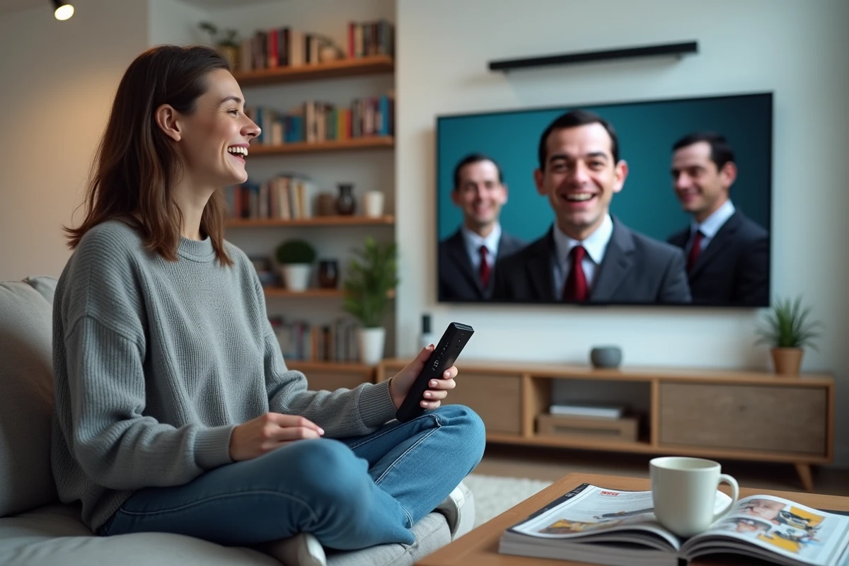 Jeune femme souriante assise sur un canapé avec une télécommande, regardant un téléviseur affichant les trois versions de Mr. Bean côte à côte dans un appartement moderne
