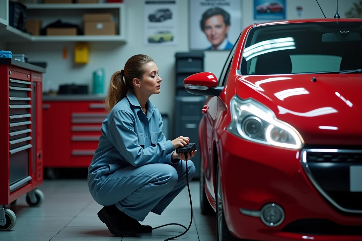 Femme mécanicien connectant un scanner OBD sous la Peugeot 208 GTi