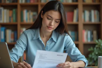 Jeune femme révisant un document PDF de vérification de permis imprimé à son bureau d'études