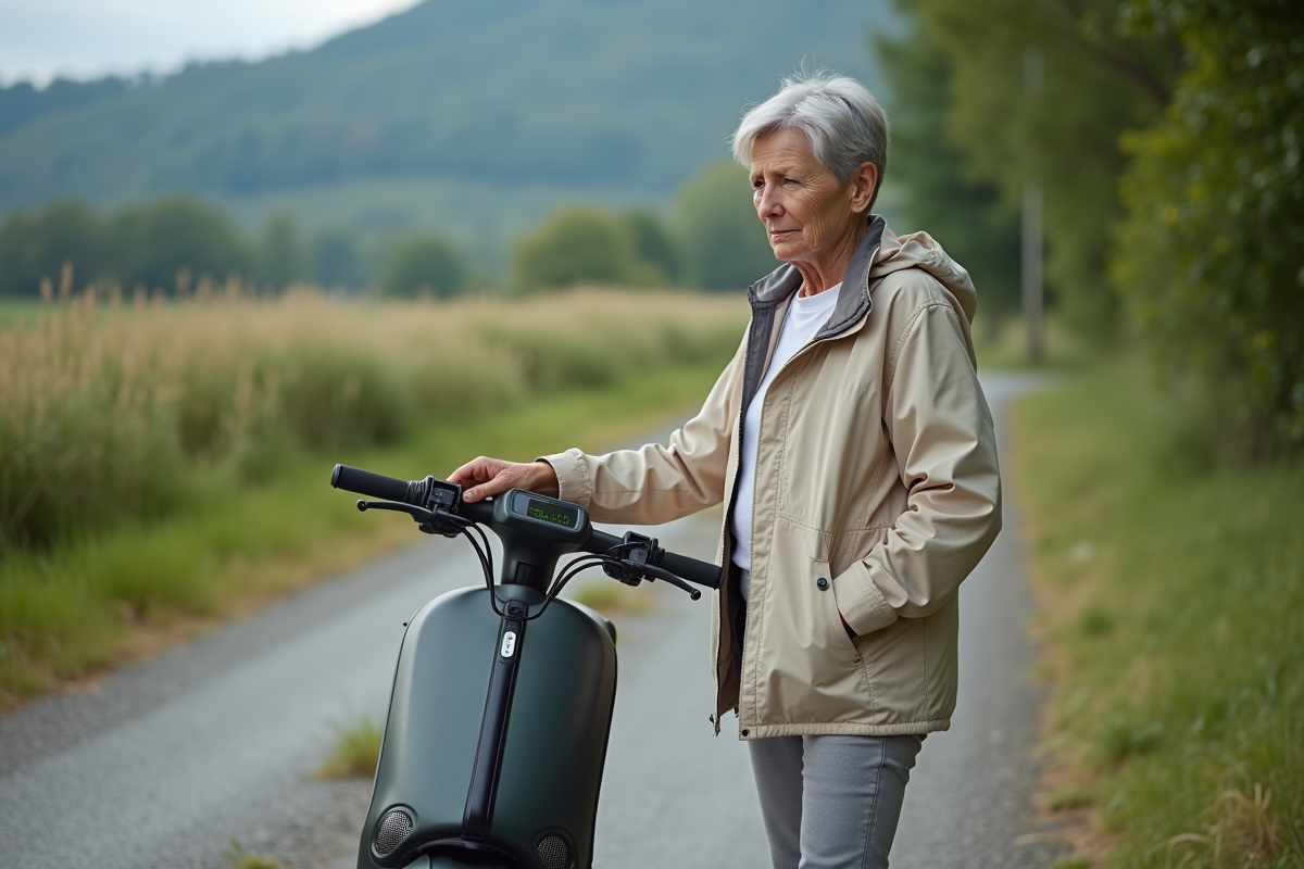Femme en scooter à la campagne vérifiant la batterie