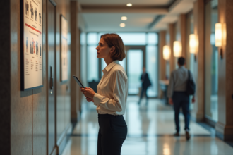 Femme d'âge moyen lisant une affiche de sécurité dans un hall d'entreprise