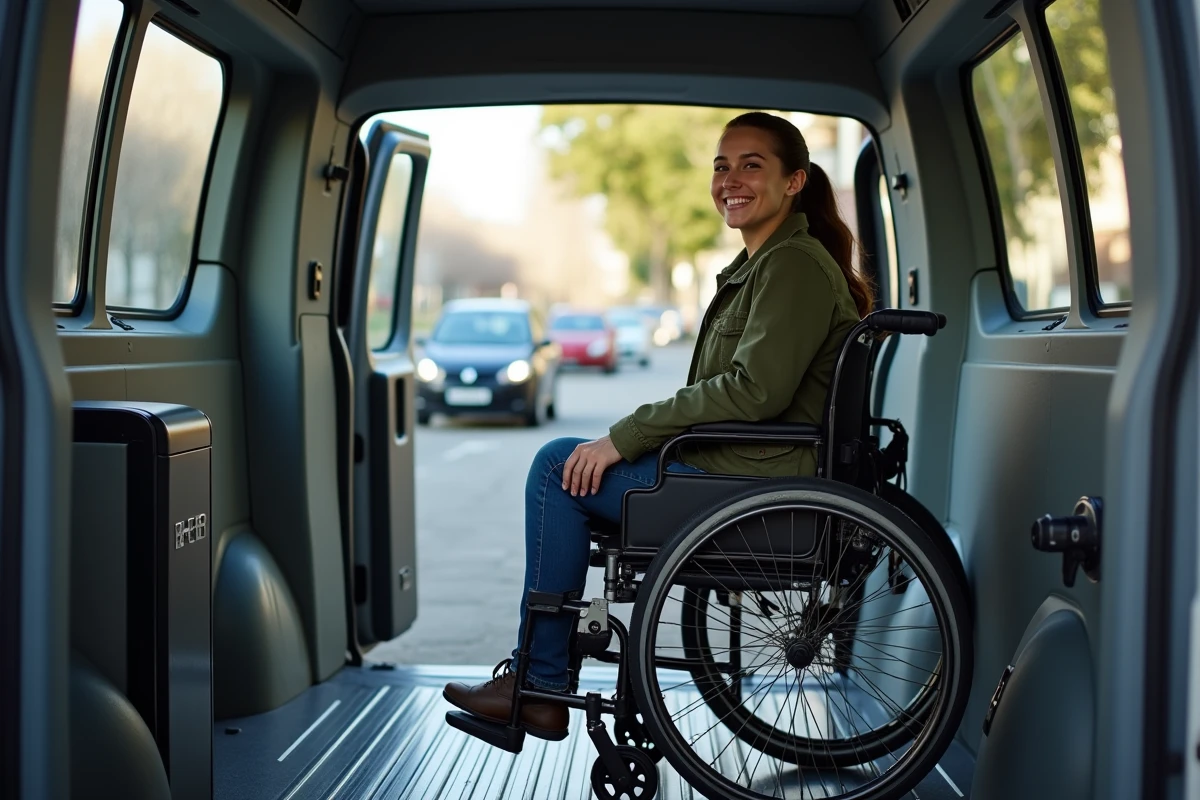 Jeune femme en fauteuil dans un véhicule adapté
