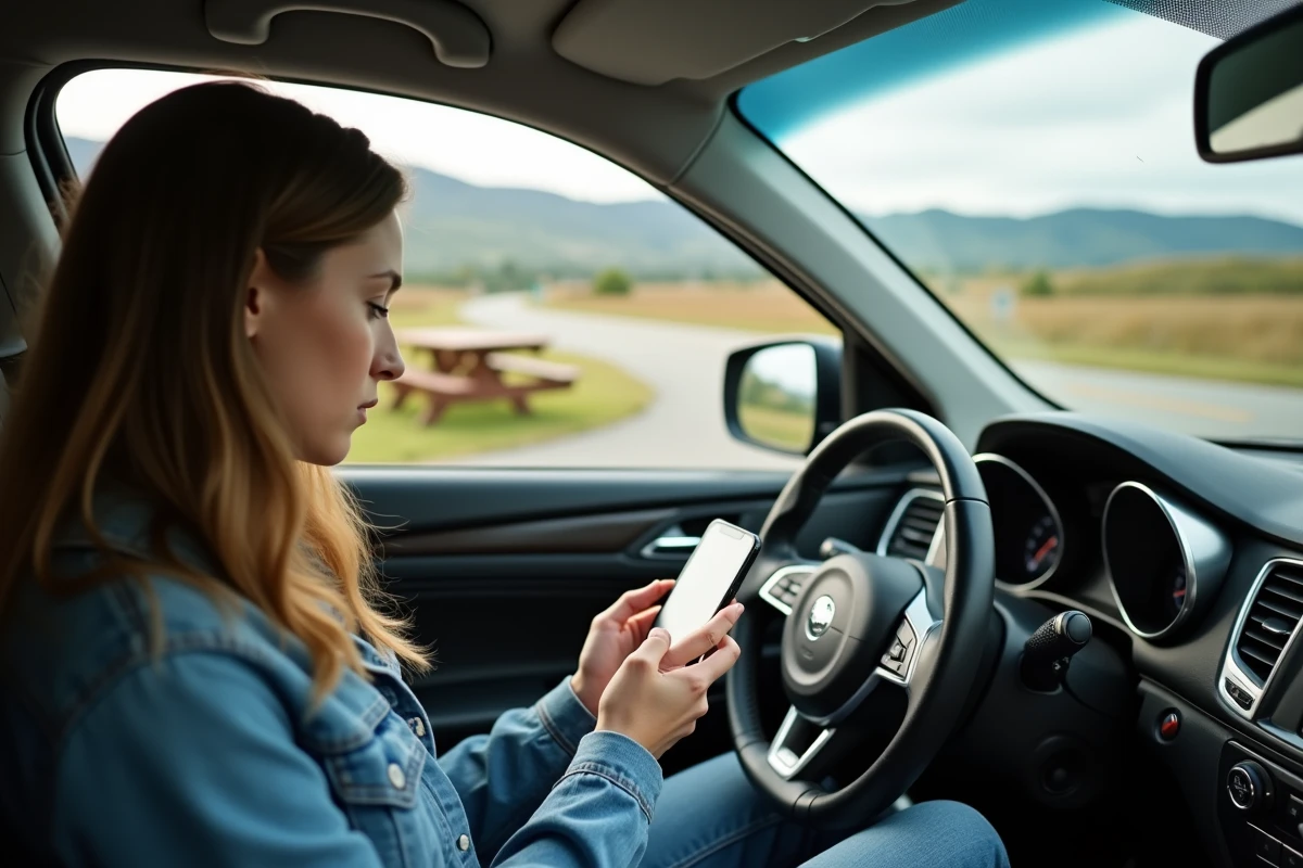 Jeune femme vérifiant son smartphone dans une voiture au bord de la route