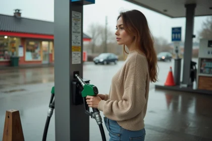 Femme faisant le plein d'essence à une station-service en regardant le prix affiché sur la pompe