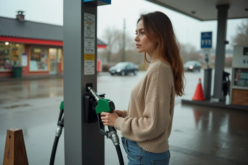 Femme faisant le plein d'essence à une station-service en regardant le prix affiché sur la pompe