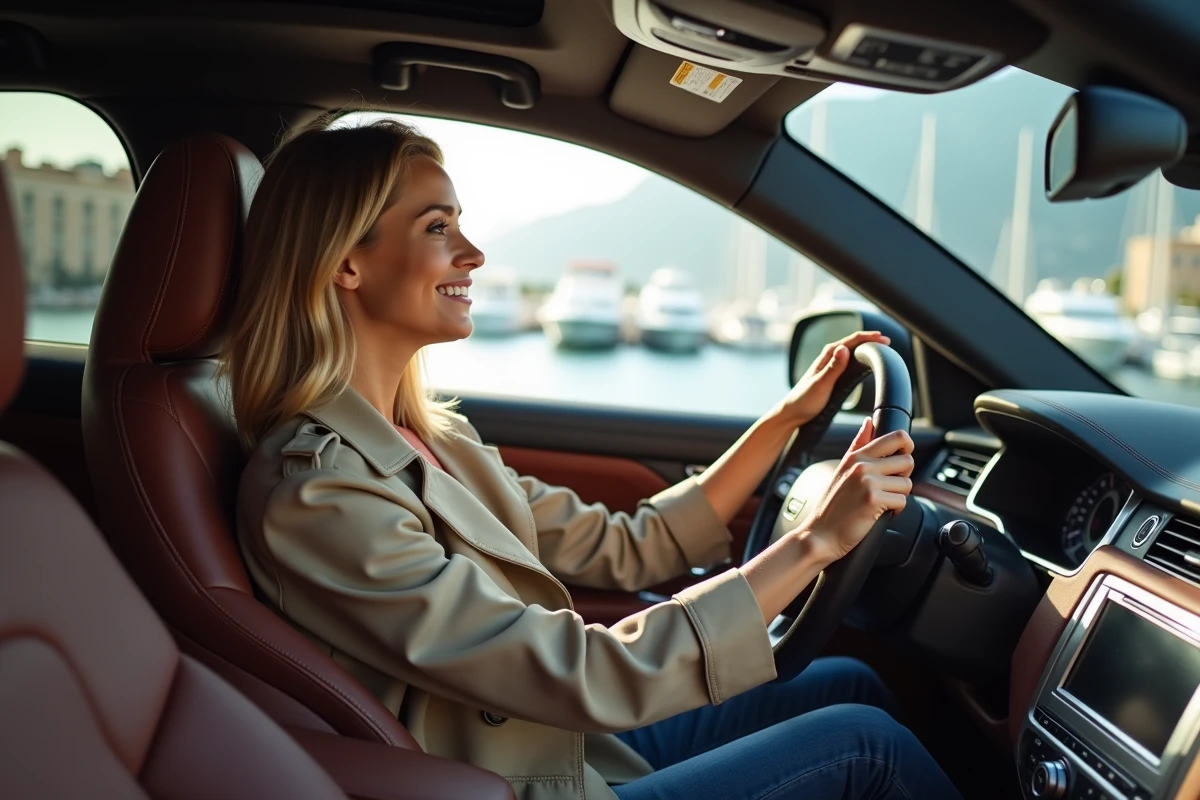 Femme dans un SUV luxe avec vue sur Monaco