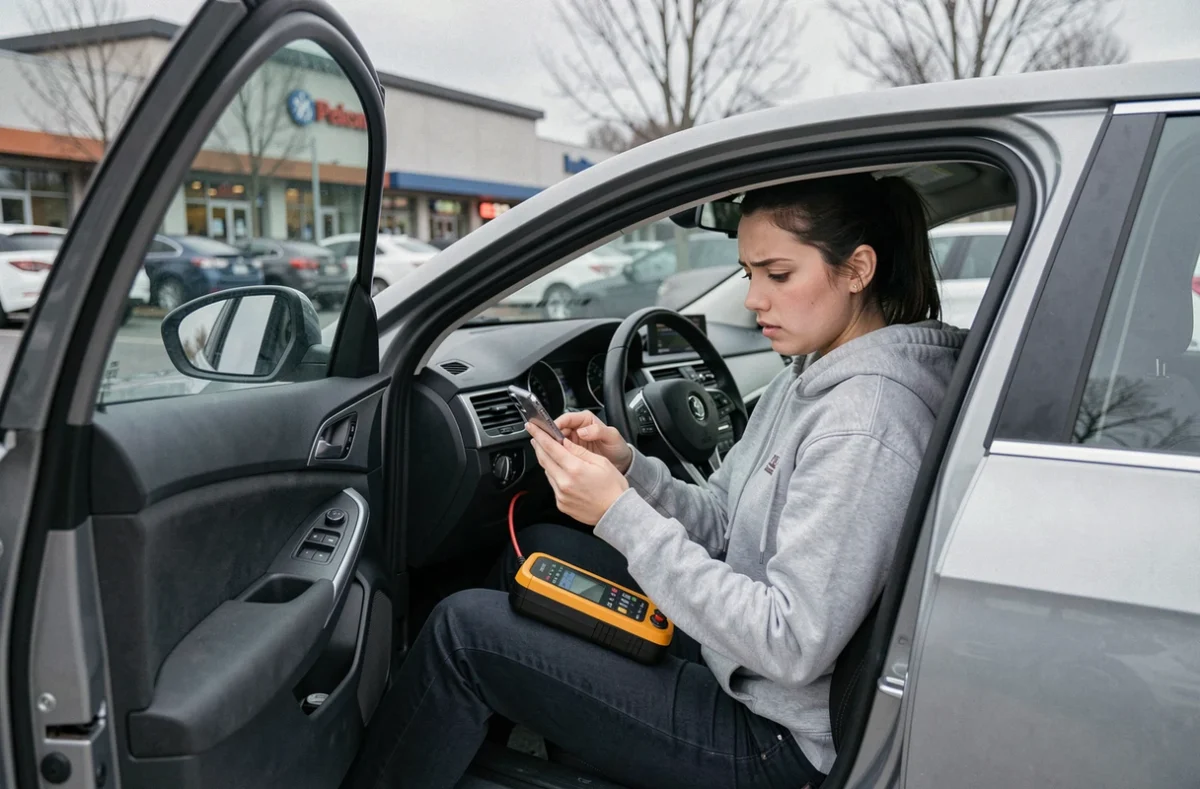 Jeune femme assise dans sa voiture avec un testeur de batterie automobile consultant son téléphone dans un parking en hiver