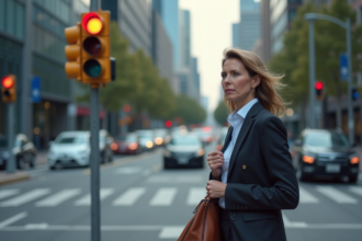 Femme d'affaires attendant au feu rouge en ville