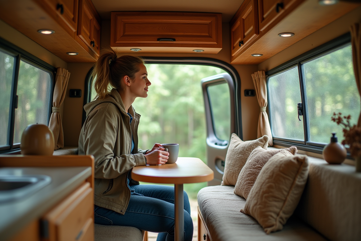 Jeune femme dans van en train de boire un café