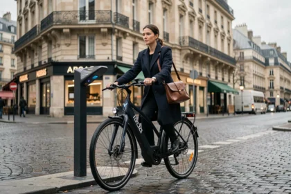 Femme professionnelle prenant un vélo électrique en libre-service devant un immeuble haussmannien à Paris