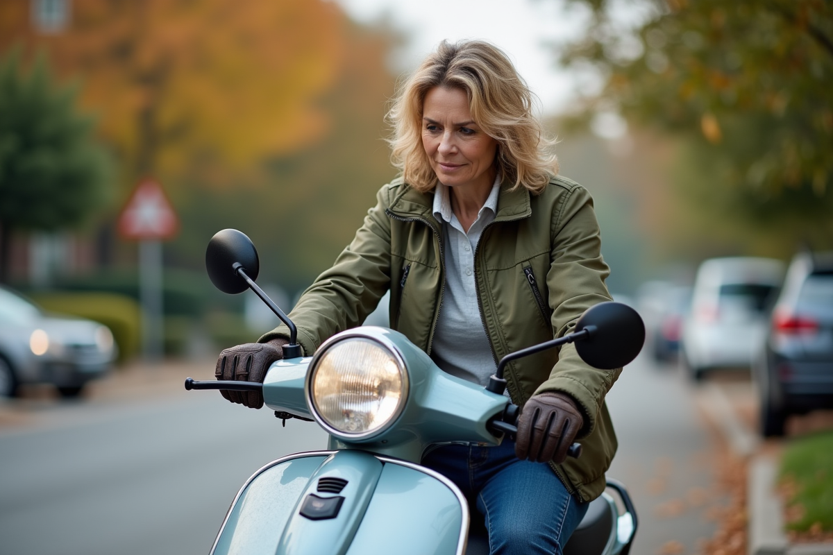 Femme vérifiant le tableau de bord de son scooter