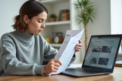 Femme consultant une facture et un site de vente de pneus en ligne pour vérifier une commande ou un remboursement
