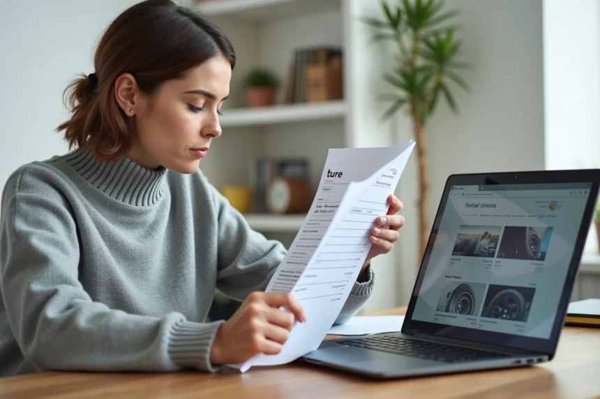 Femme consultant une facture et un site de vente de pneus en ligne pour vérifier une commande ou un remboursement