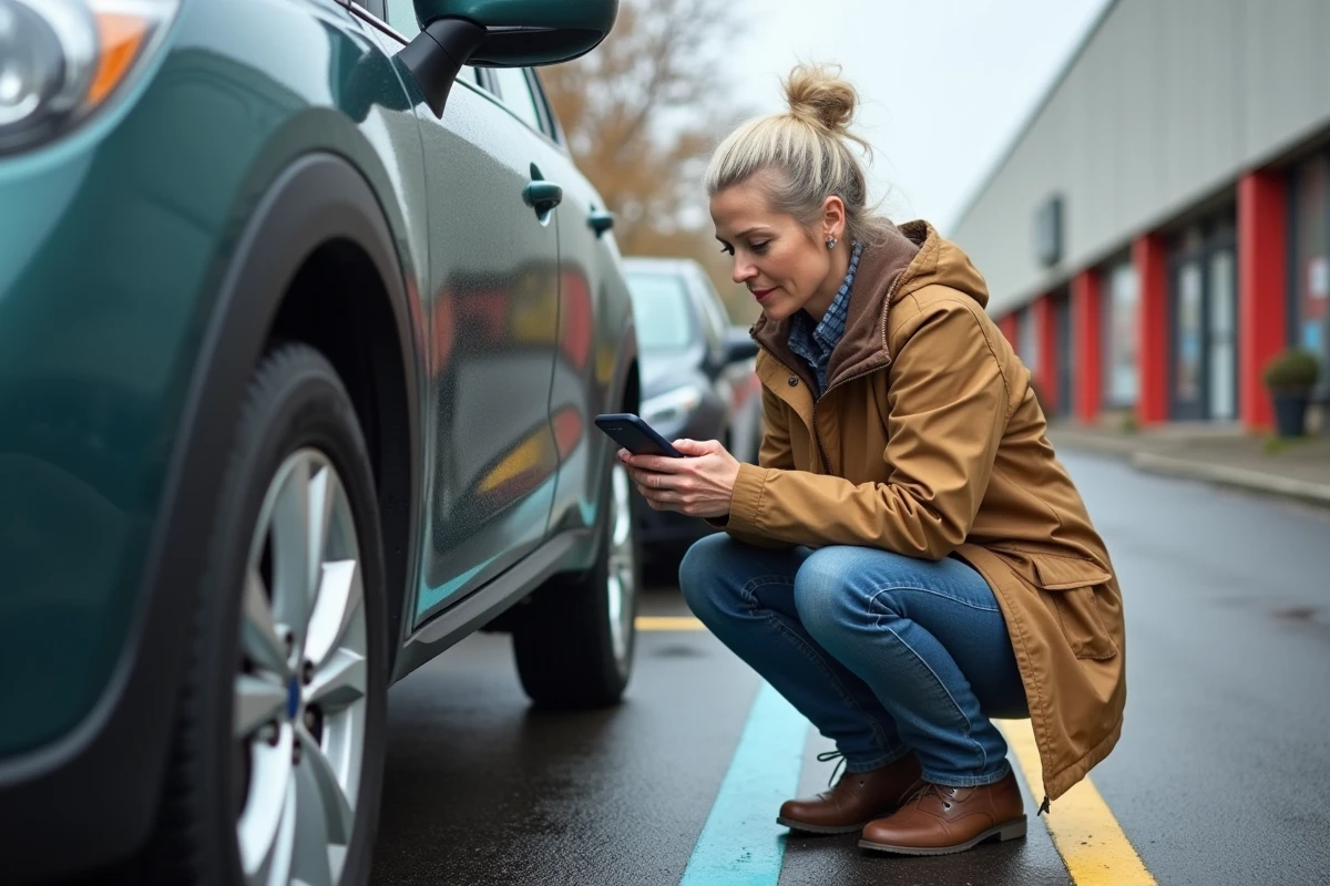Femme vérifiant la taille de pneus avec son smartphone près de sa voiture