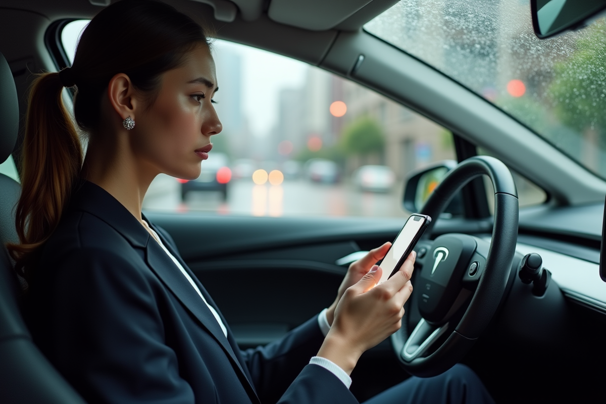 Jeune femme dans une voiture électrique regarde son téléphone