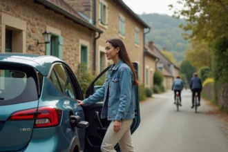 Jeune femme ouvrant une voiture électrique dans un village français