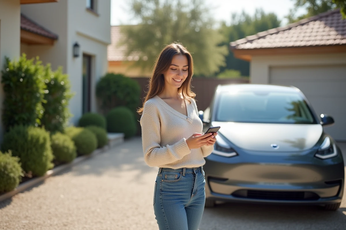Jeune femme avec smartphone devant voiture électrique