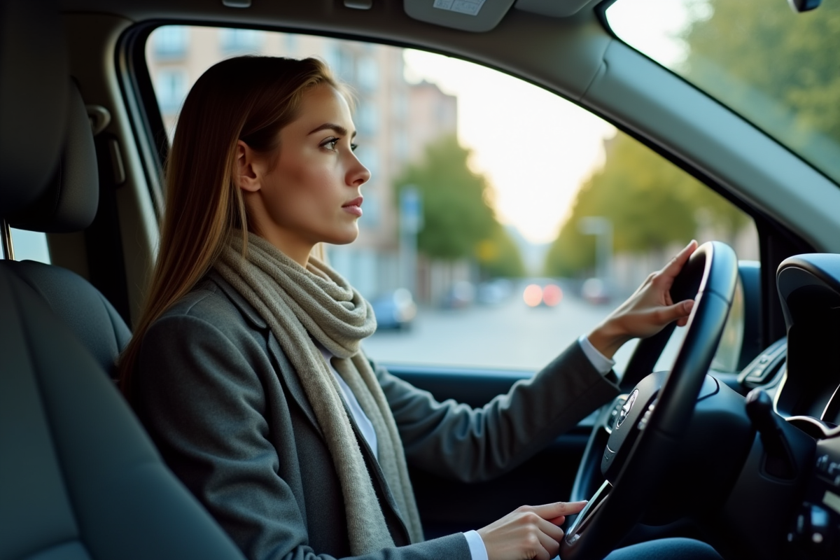 Jeune femme dans sa voiture diesel en ville