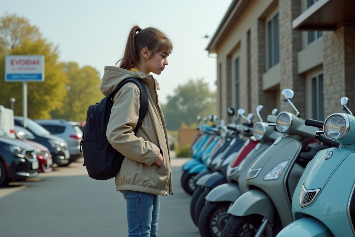 Fille de 14 ans compare deux scooters dans un concessionnaire