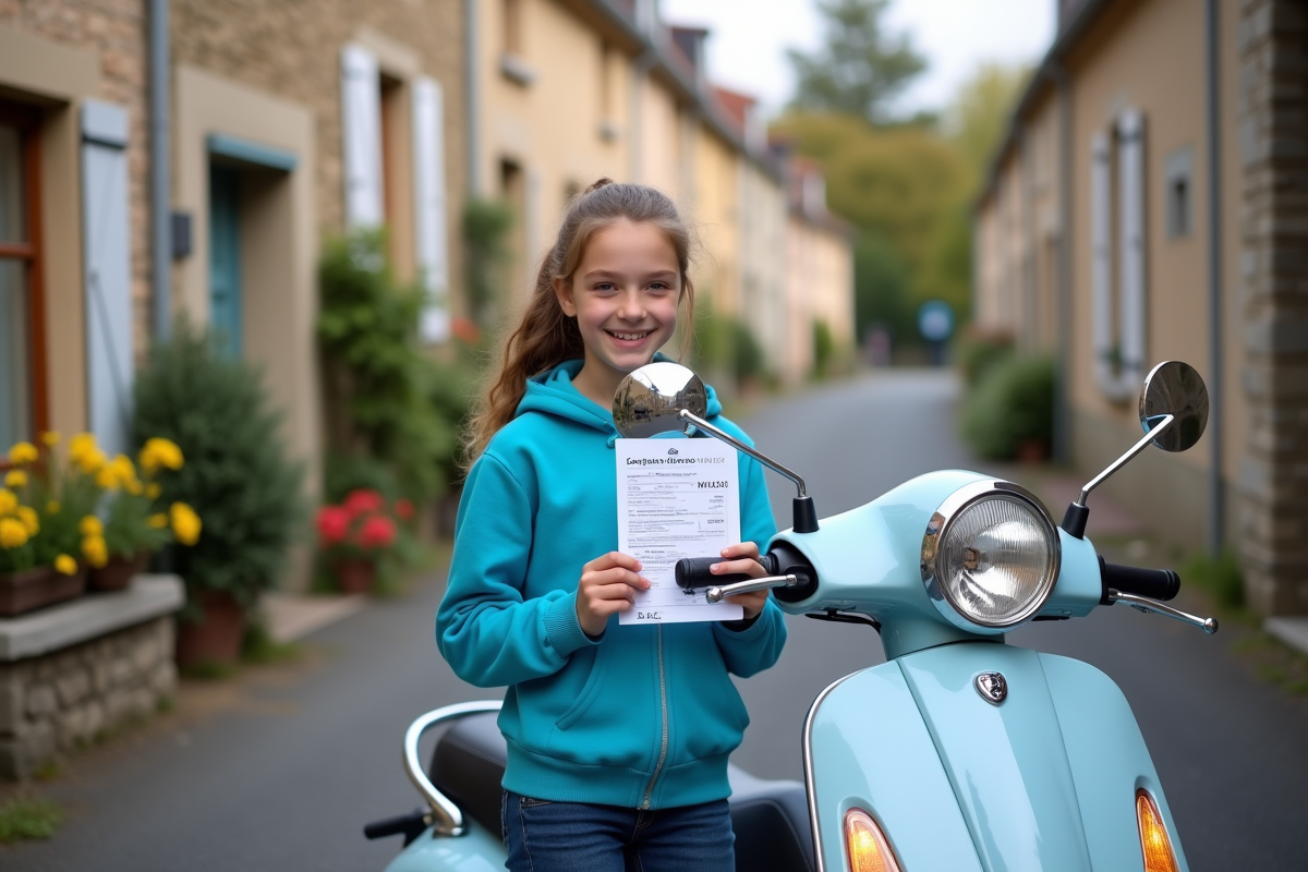 Fille avec permis de conduire et scooter dans un village français