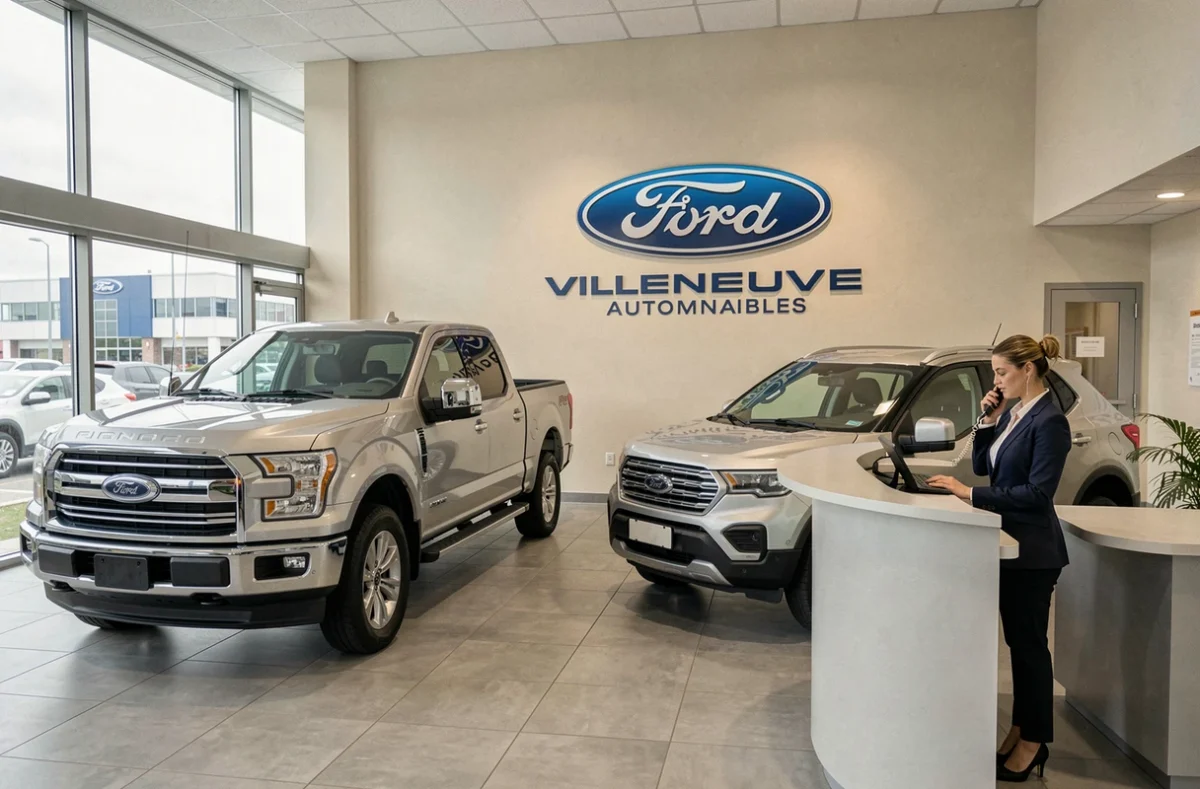 Intérieur du showroom Ford Villeneuve Automobiles avec deux véhicules exposés et une réceptionniste au bureau d'accueil