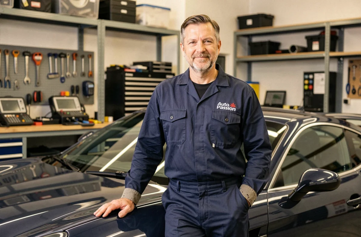Mécanicien du Garage Auto Passion à Rennes appuyé sur une voiture de sport dans un atelier moderne