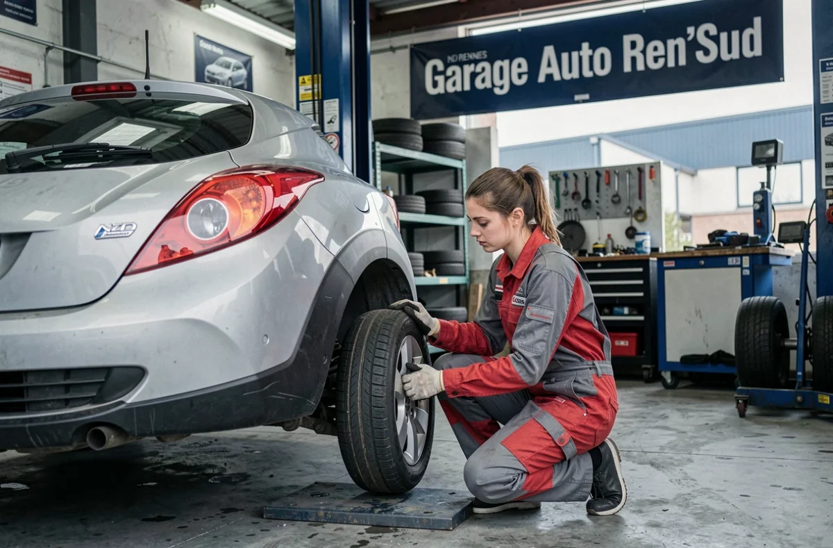 Mécanicienne du Garage Auto Ren'Sud à Rennes changeant un pneu sur une petite voiture surélevée