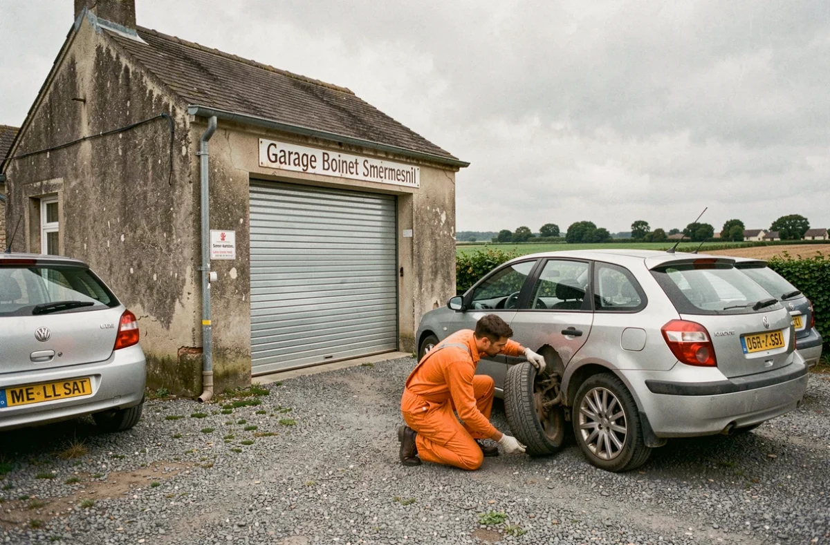 Extérieur du Garage Boinet à Smermesnil avec un jeune mécanicien vérifiant les pneus d'un véhicule