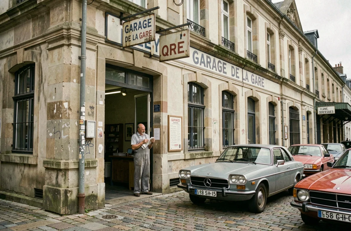 Façade du Garage De La Gare à Rennes avec des voitures garées sur les pavés devant l'entrée