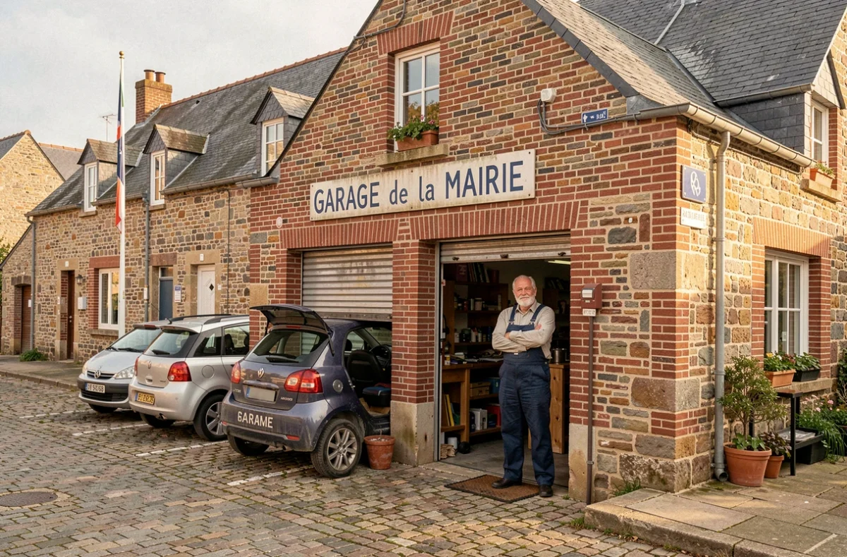 Garage de la Mairie face à la mairie d'un village normand, avec mécanicien expérimenté en combinaison bleue