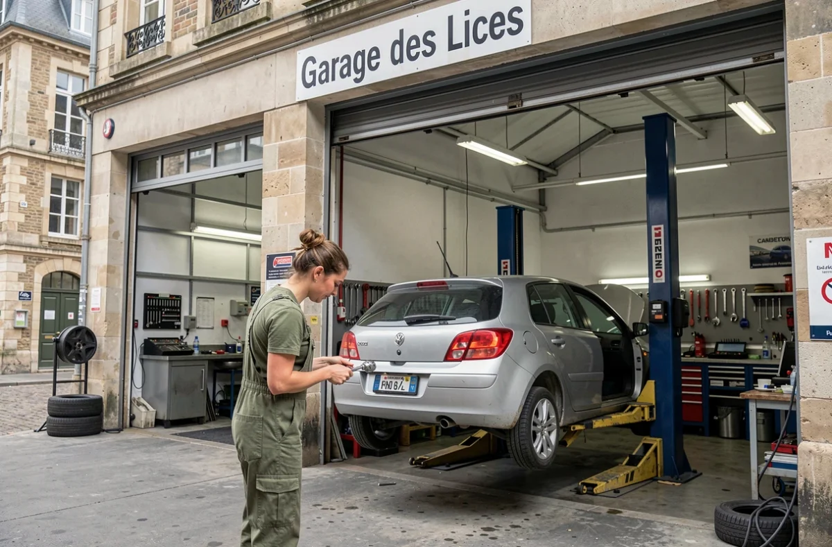 Mécanicienne travaillant sous une voiture sur un pont élévateur au Garage des Lices à Rennes