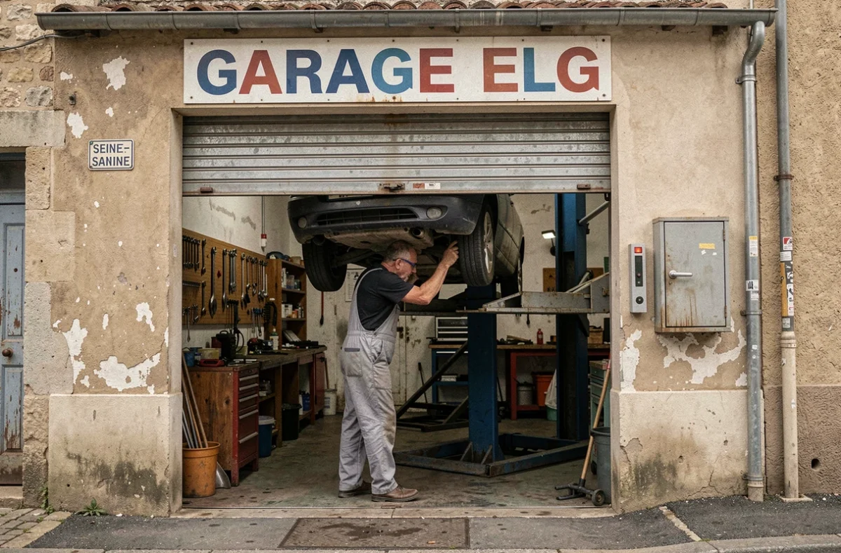 Façade et atelier du Garage ELG dans un village de Seine-Maritime avec mécanicien inspectant une voiture sur pont