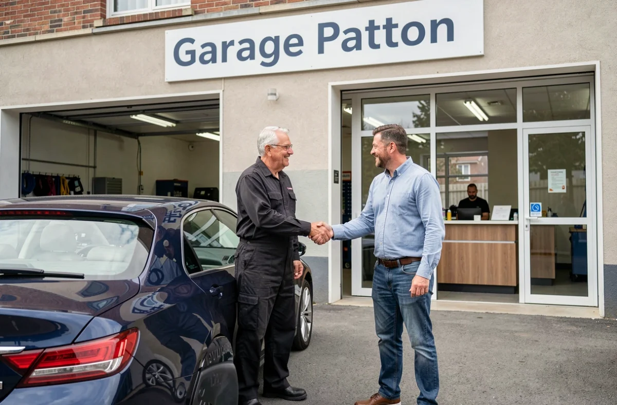 Mécanicien du Garage Patton à Rennes serrant la main d'un client satisfait devant une berline bleue