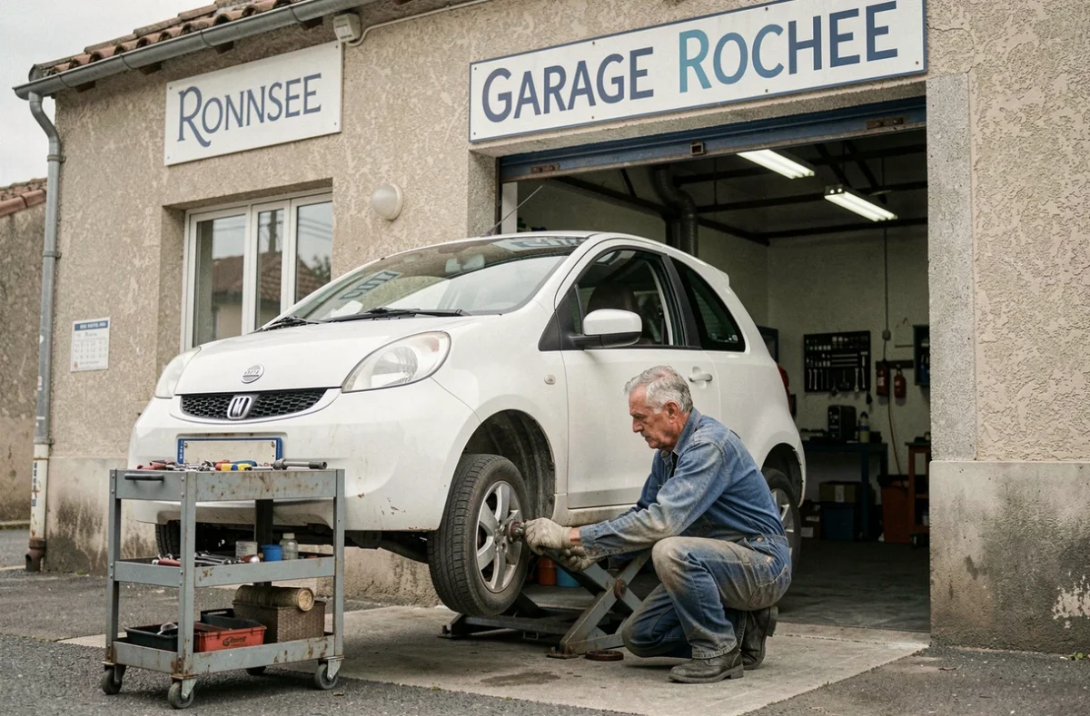 Mécanicien expérimenté du Garage Rochee à Rennes examinant le dessous d'une voiture surélevée