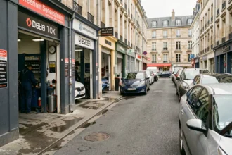 Vue d'ensemble d'une rue de garages automobiles à Rennes avec des mécaniciens au travail