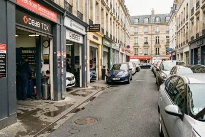 Vue d'ensemble d'une rue de garages automobiles à Rennes avec des mécaniciens au travail