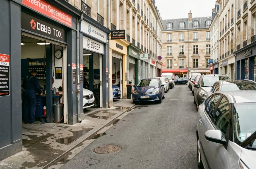 Vue d'ensemble d'une rue de garages automobiles à Rennes avec des mécaniciens au travail