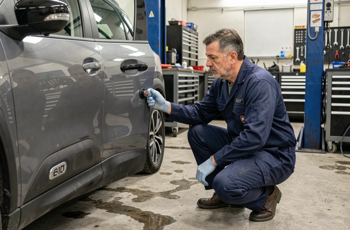 Garagiste inspectant le mécanisme de verrouillage de porte d'une Citroën C3 Aircross dans un atelier