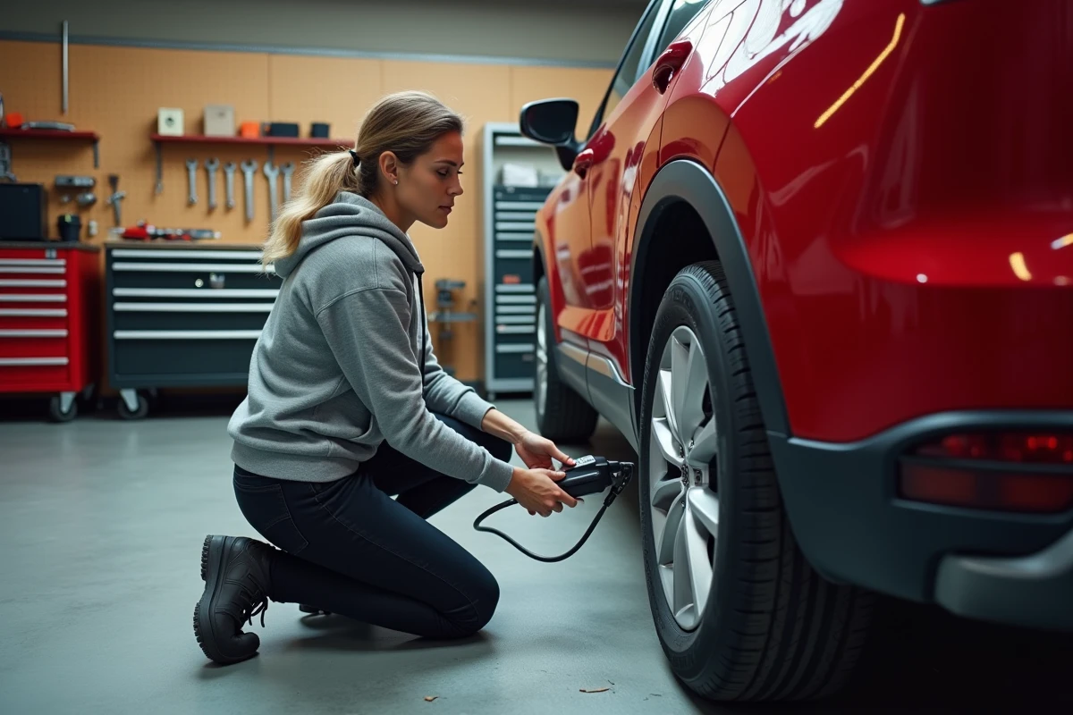 Femme utilisant un gonfleur portatif pour gonfler le pneu d'un SUV dans un garage privé