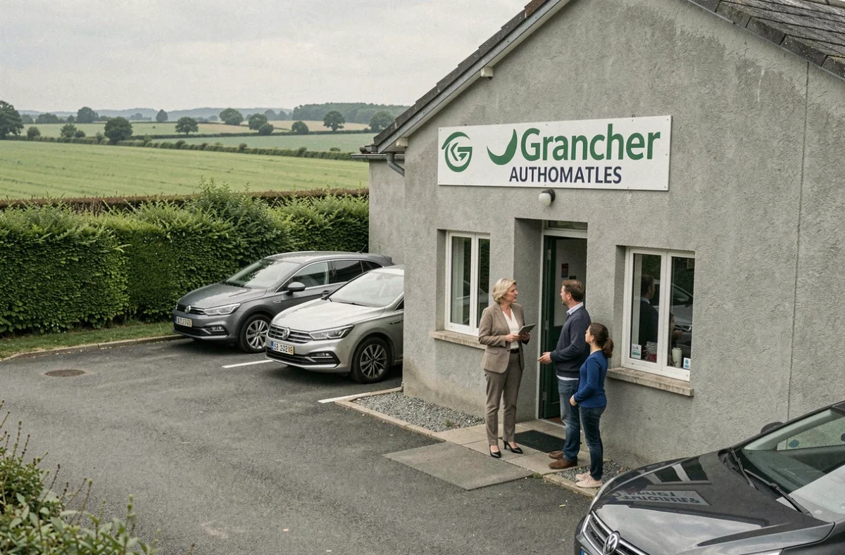 Façade du garage Grancher Automobiles dans un cadre rural normand avec accueil d'une famille cliente