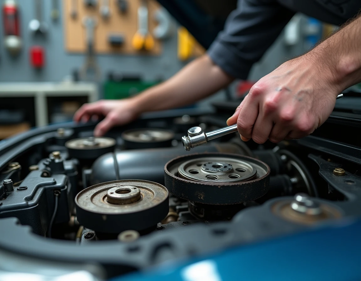 Gros plan sur une courroie de distribution et les poulies d'un moteur en cours de démontage dans un atelier mécanique