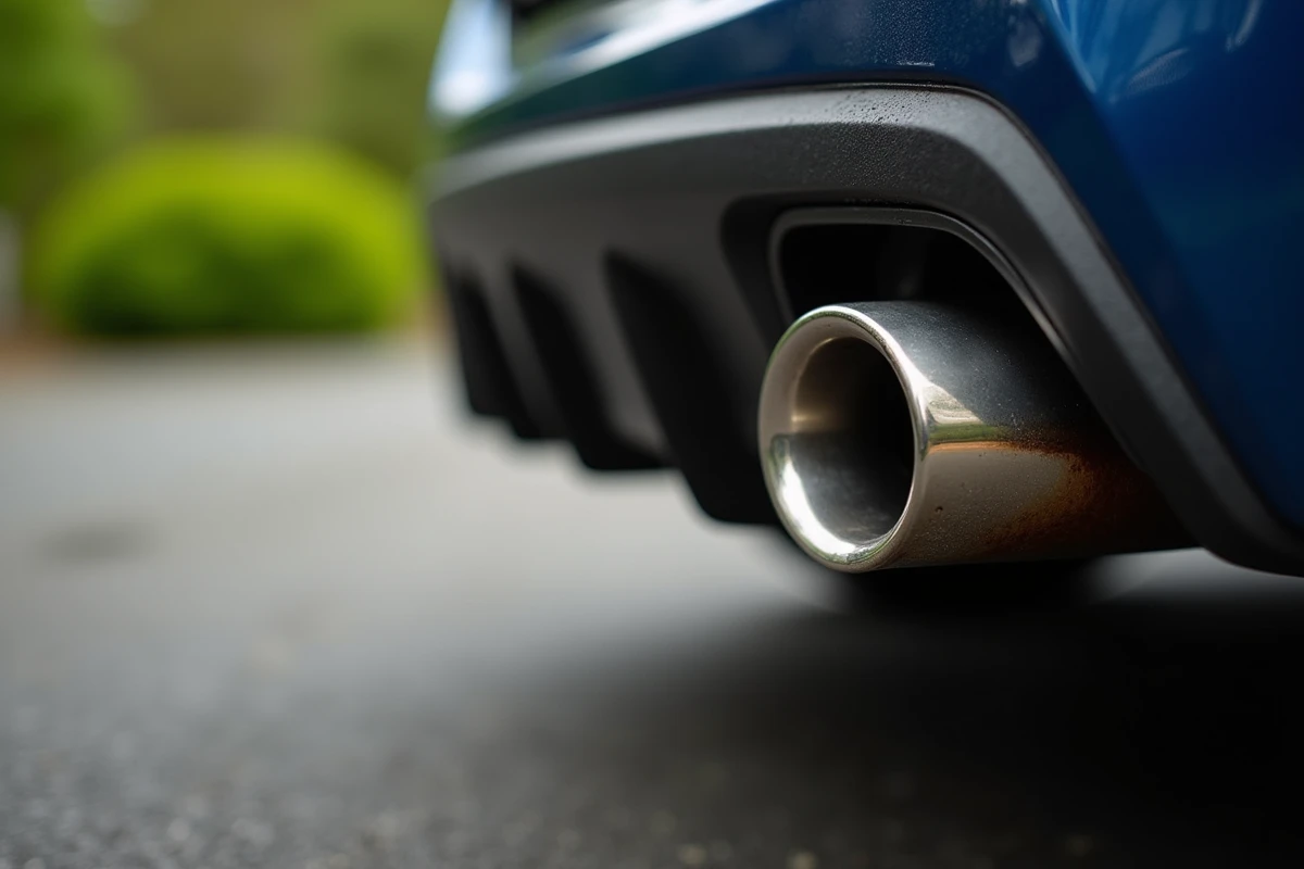 Gros plan sur l'embout d'échappement sport en titane d'une Peugeot 208 GTI avec traces d'usure authentiques