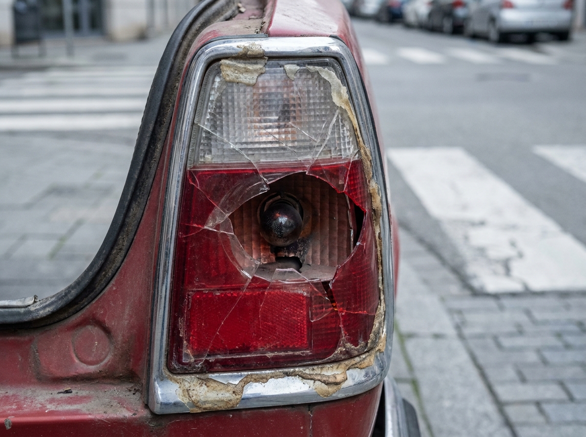 Gros plan sur un feu arrière de voiture défectueux avec ampoule grillée et plastique fissuré en milieu urbain