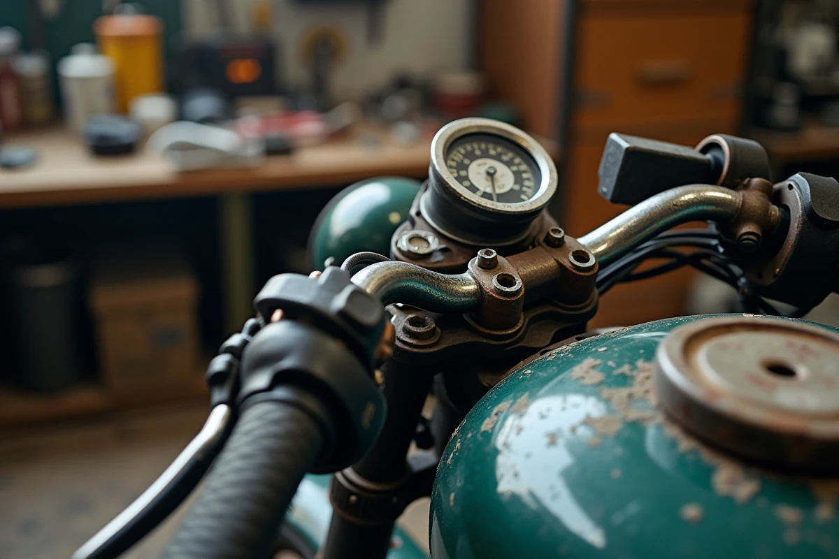 Gros plan sur le guidon et les commandes d'une moto lors d'une vérification des points de contrôle technique
