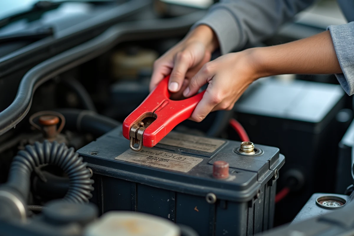 Gros plan de mains féminines fixant une pince rouge de câble de démarrage sur la borne positive d'une batterie de voiture